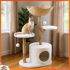 Real Wood Modern Cat Tree Tower with Wicker Condo & Scratching Post