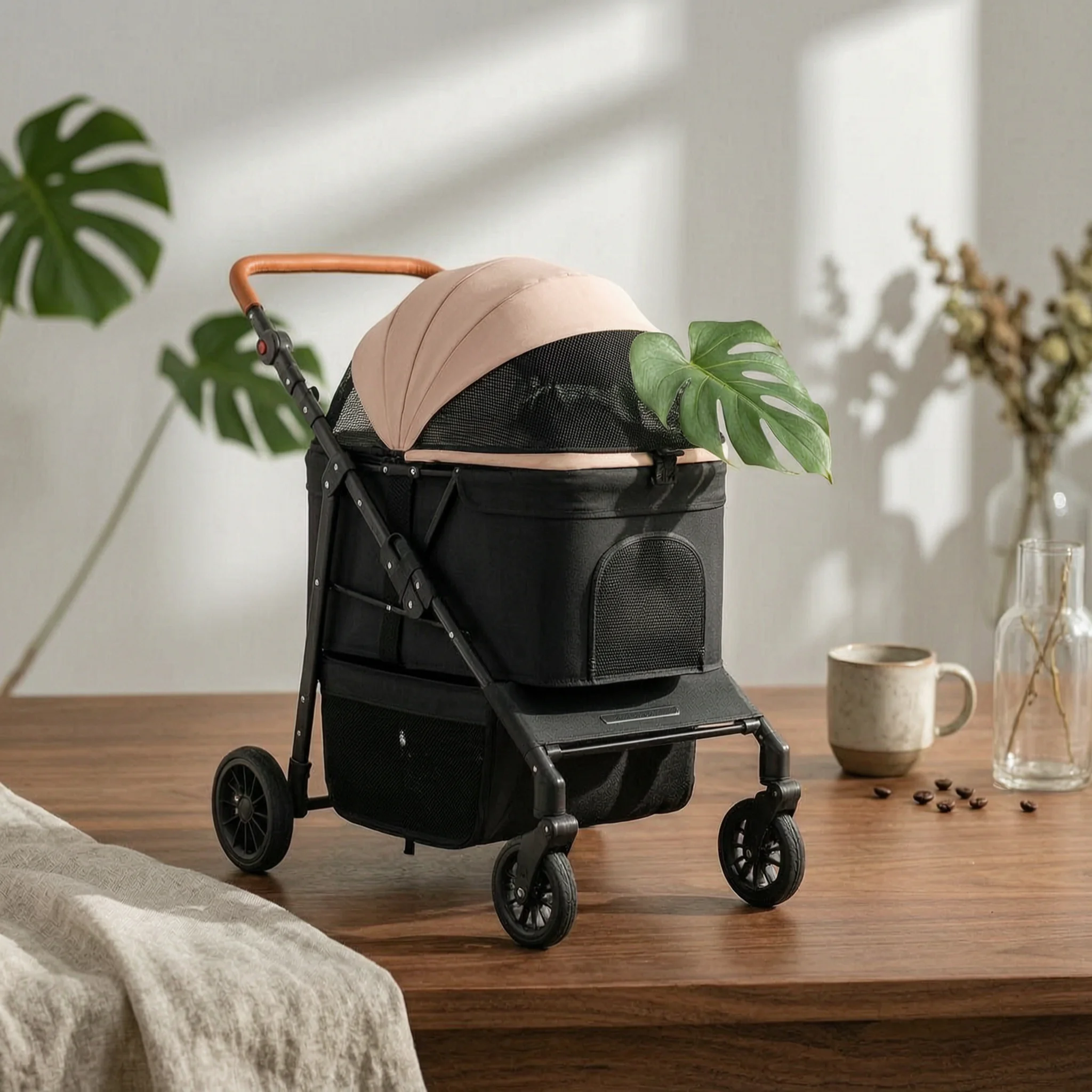 Foldable Pet Stroller Adjustable Handle Foldable Dog Stroller Large Dog Wagon Breathable Mesh Window Pet Gear for Shopping