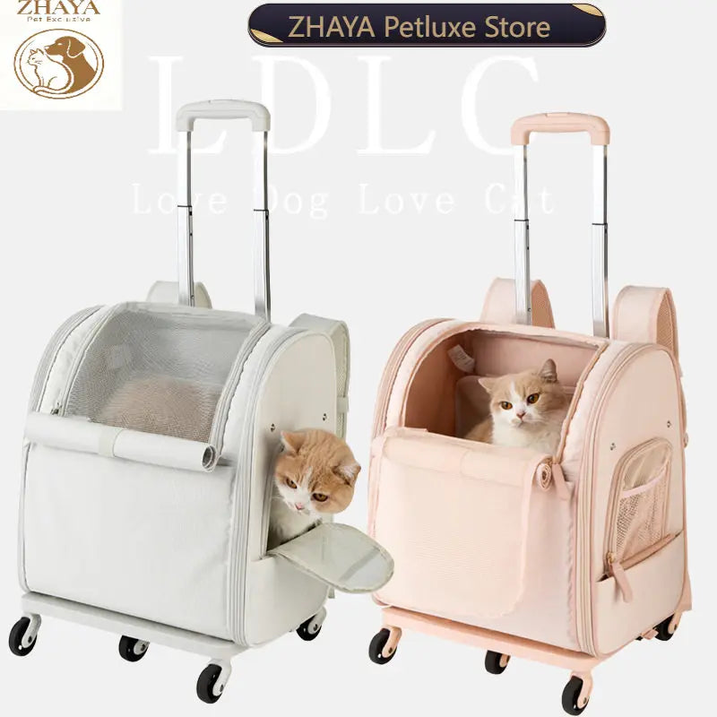 Pet Rolling Backpack Waterproof Oxford Double Shoulder Cat Carrier Foldable Safe House Dog Travel Bag