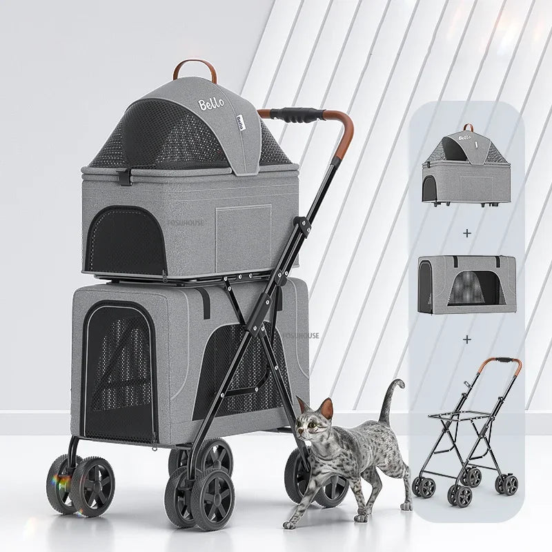 Breathable Large Capacity Double Layer Cat Dog Transporter Luxury Pet Cat Stroller Newborn Pet Stroller Outdoor Travel Vehicle