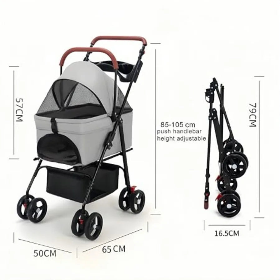 Pet Stroller for Medium Small Dogs/Cats - 4 Wheels Foldable Dog Stroller with Storage Basket, Dog/Cat Carrier, Adjustable Handl