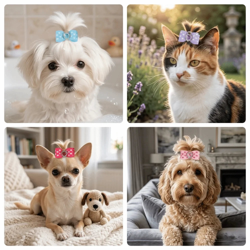 Heart-Shaped Pet Bow Hair Ties 20-Pack (Rhinestone, Elastic Band)