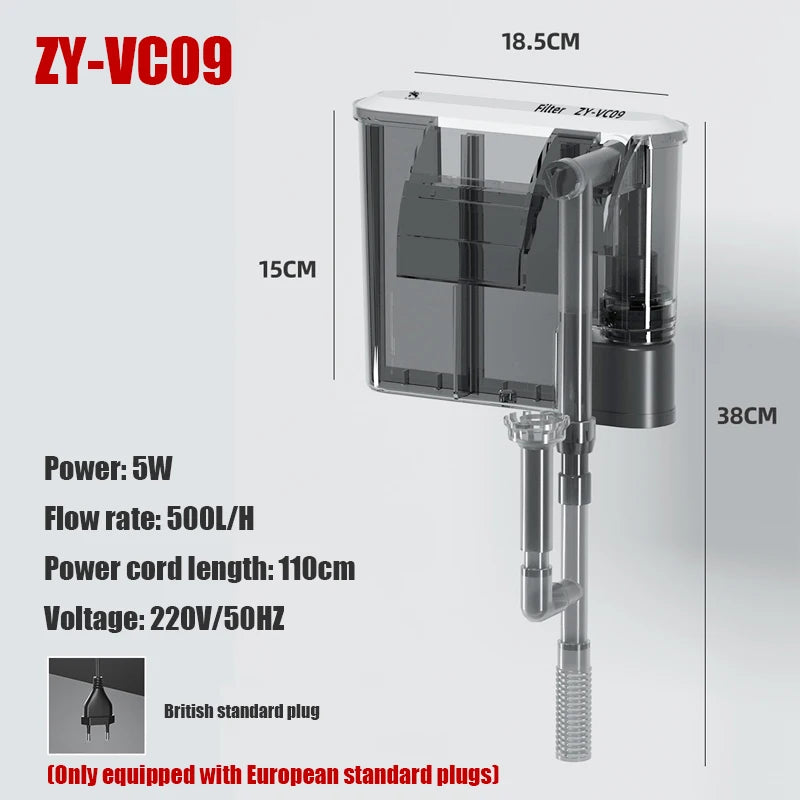 Wall-Mounted 3-in-1 Aquarium Waterfall Filter Pump (110V/220V, External Circulation, Oxygenation)