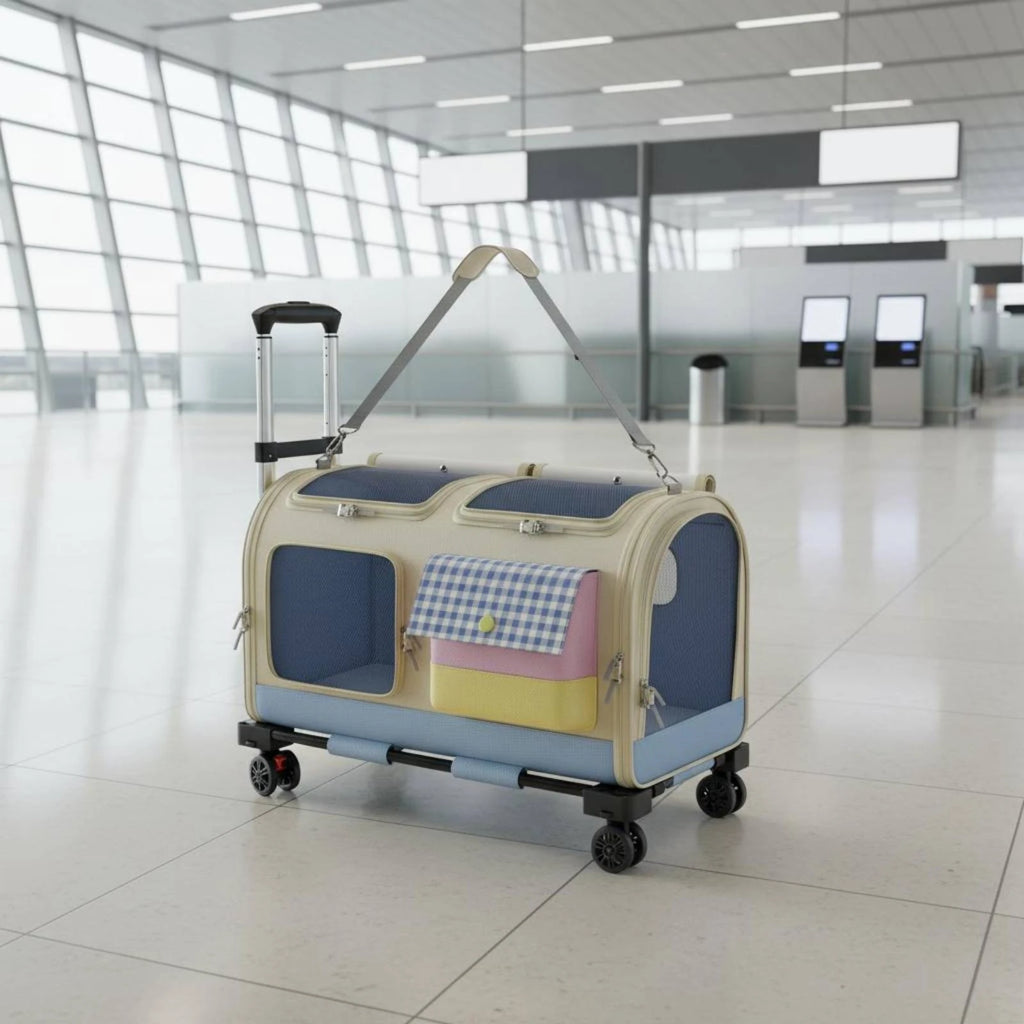 Feline Rolling Suitcase Telescopic Handle Pet Rolling Suitcase Multi-Feline Carrier Breathable Mesh Pet Carrier with Wheels