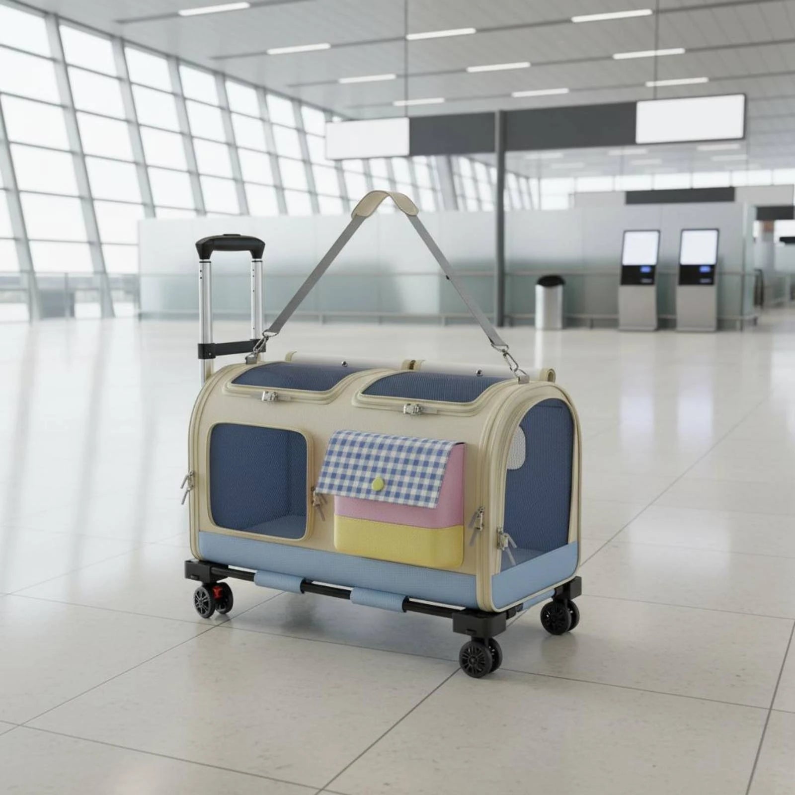 Feline Rolling Suitcase Telescopic Handle Pet Rolling Suitcase Multi-Feline Carrier Breathable Mesh Pet Carrier with Wheels