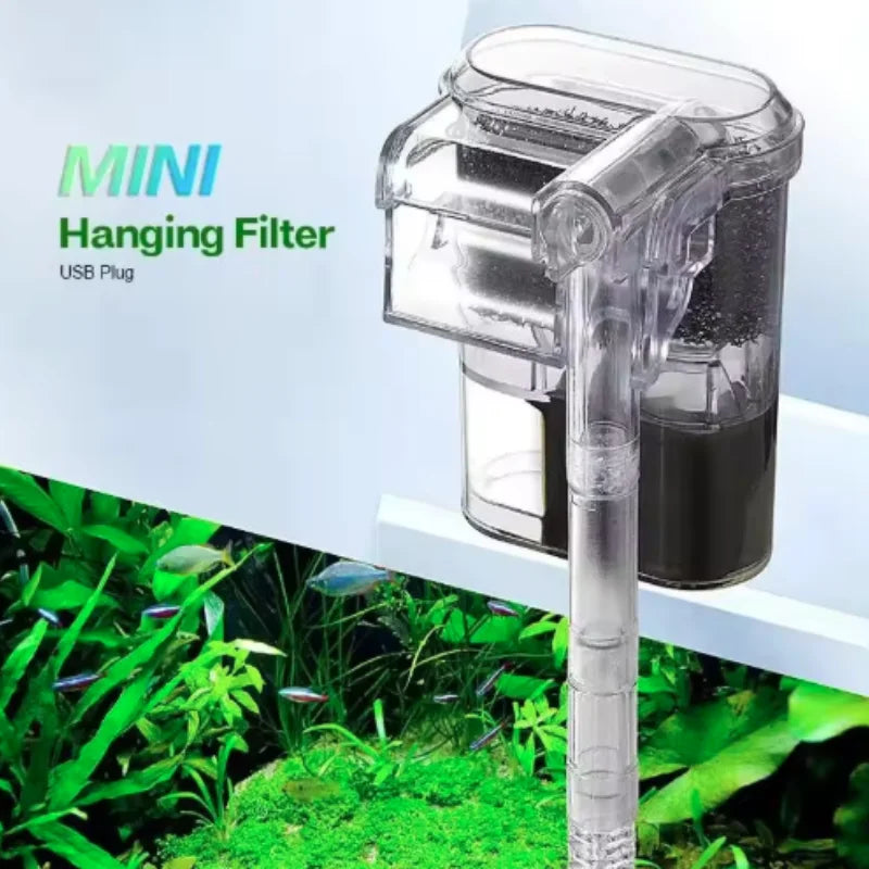 Mini USB Wall-Mounted Aquarium Waterfall Filter (Small Fish Tank, Silent, Clip-On)