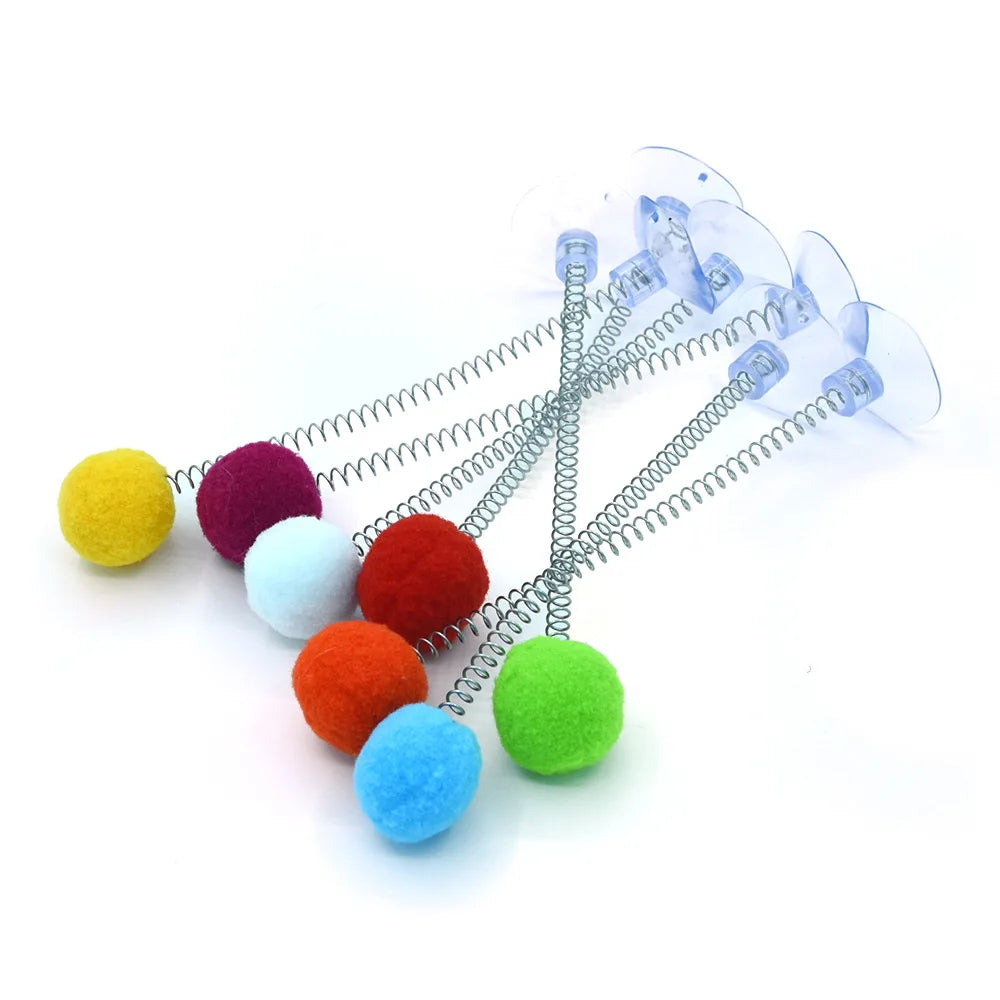 Suction Cup Cat Teaser Stick with Colorful Fur Ball Spring — Interactive Floor Toy for Cats