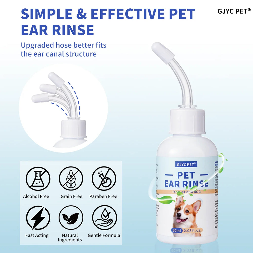 Pet Ear Cleaner Drops 60 ml Ultra-Soft Tip Non-Irritating Ear Wax Remover Deodorizing Soothing Gentle Ear Canal Hygiene Care