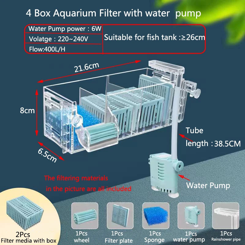Wall-Mounted Waterfall Aquarium Filter Box (Silent, Built-In, Fish Tank Back Filter)