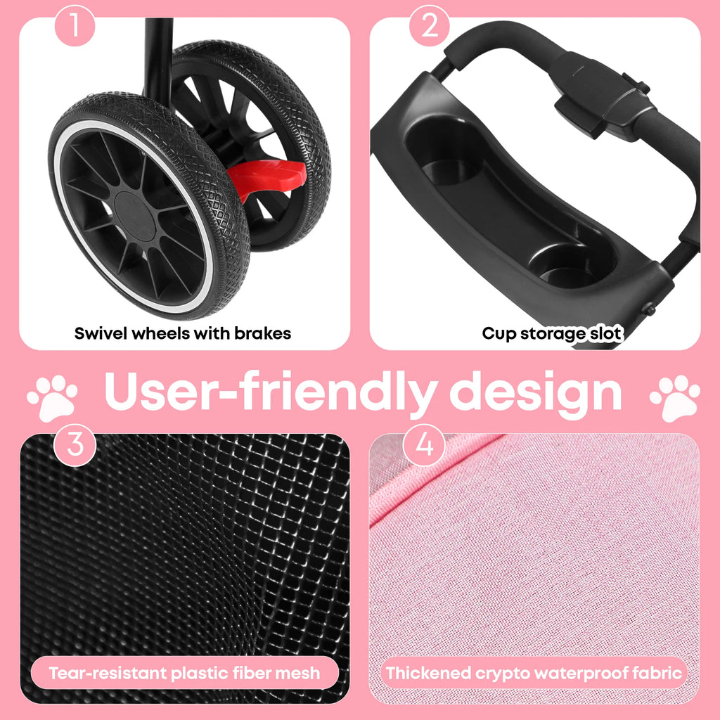 Pet Stroller for Small & Medium Dogs Cats Foldable Stroller with Breathable Mesh Storage Basket  Cup Holders  Travel Pet Carrier