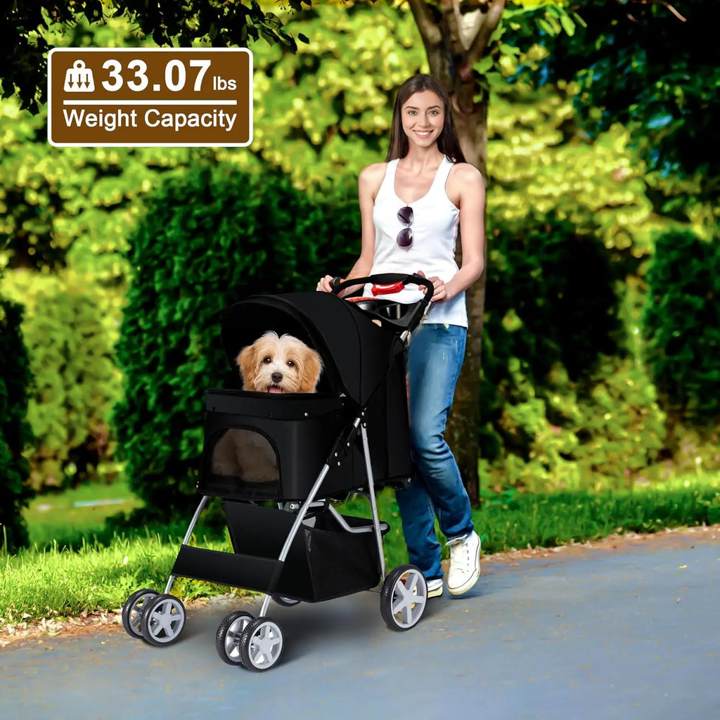 Foldable 4-Wheel Pet Stroller for Small Dogs & Cats, Breathable Mesh, Cup Holder & Storage Basket, Black