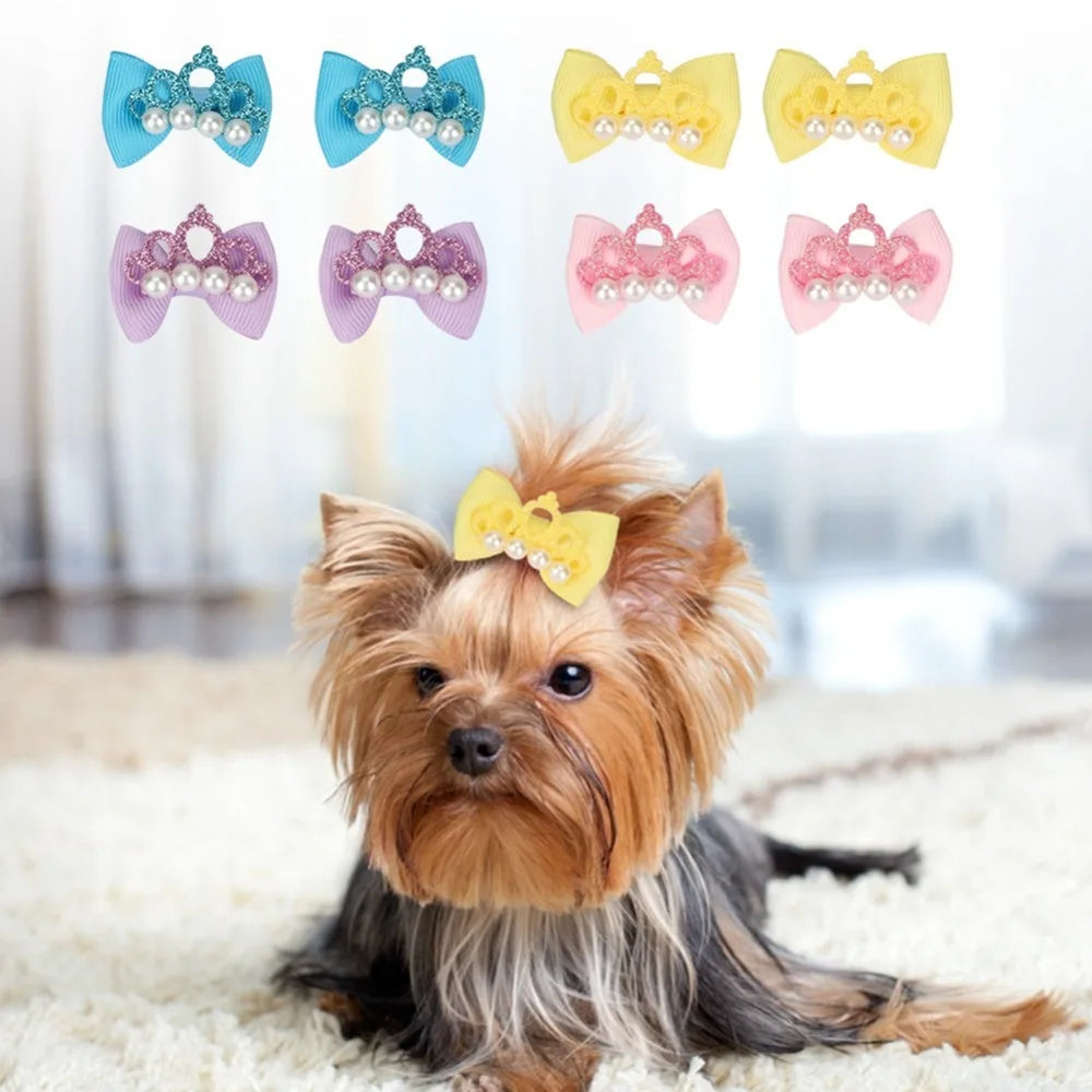 20pcs Bow Shaped Pet Hair Bow Elastic Band Cartoon Look Dog Hair Tie Crown Style Soft Textured Pet Crown Ornament