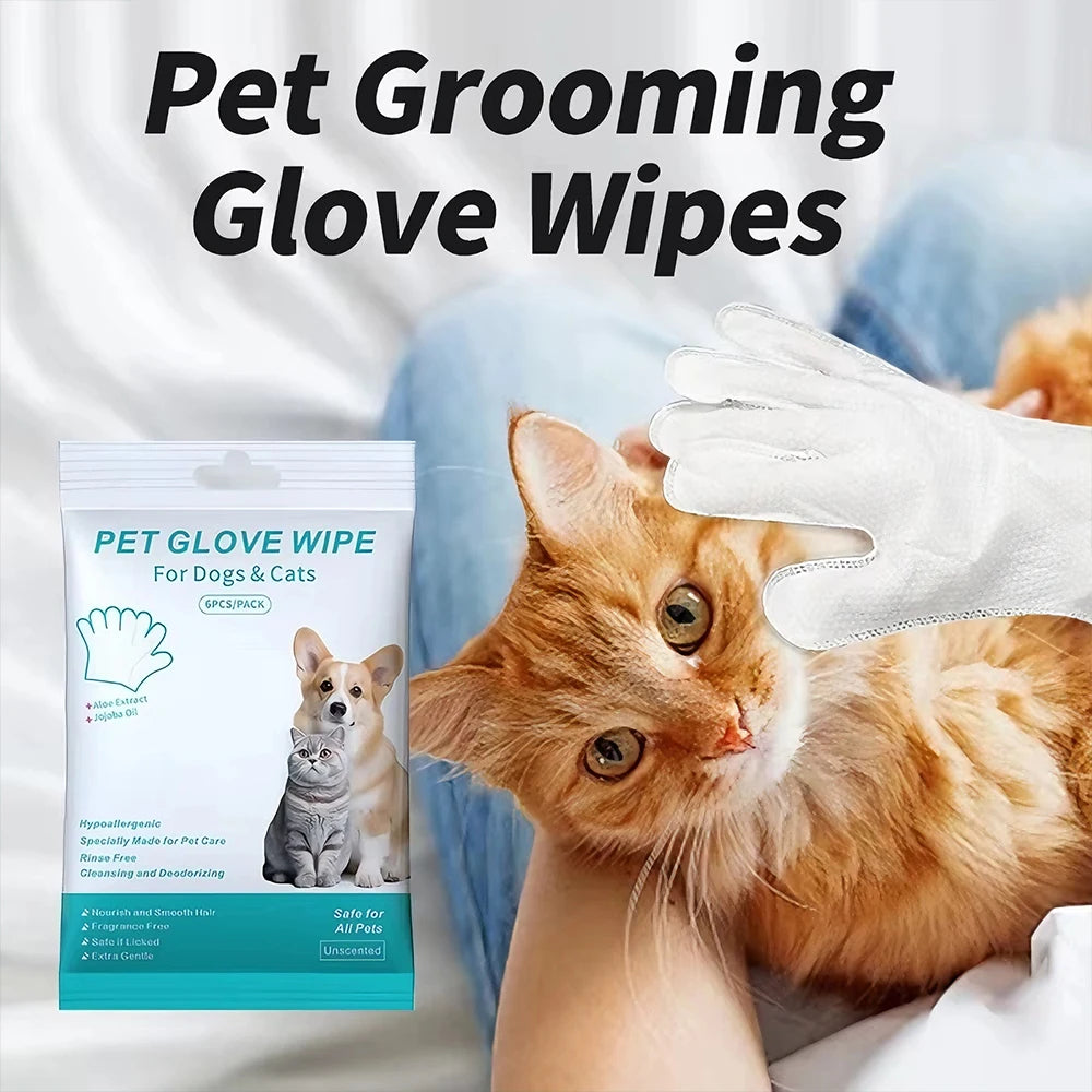 6pcs Unscented Extra Thick Pet Cleaning Wipes for Dogs & Cats,Dog Washing Bathing Deodorizing Grooming Gloves for Daily Care