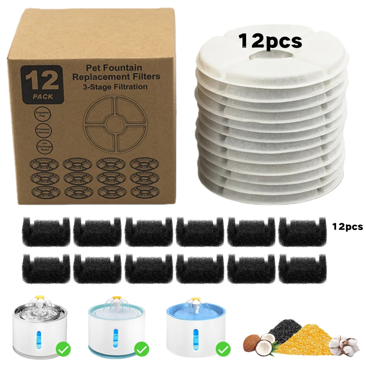 Replacement Carbon Filters for Pet Water Fountain (Round, 2.4L)