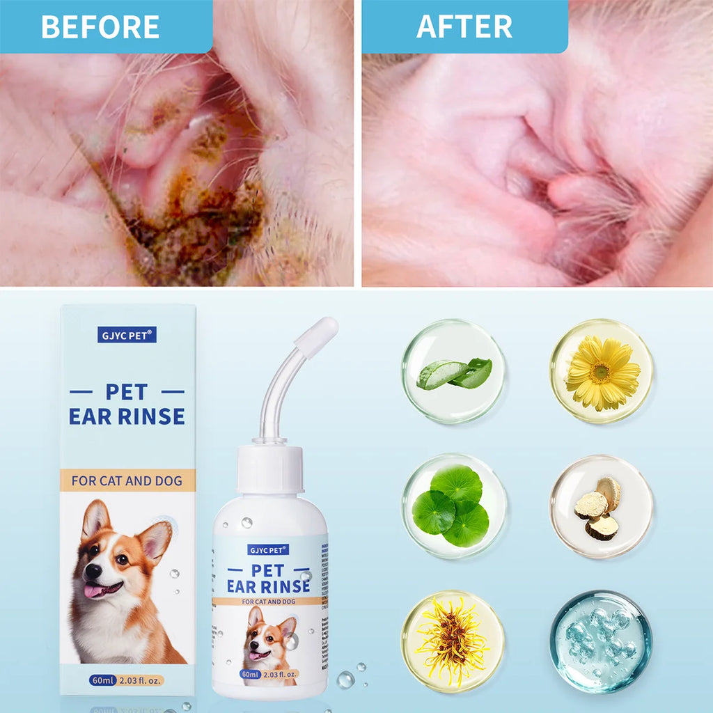 Pet Ear Cleaner Drops 60 ml Ultra-Soft Tip Non-Irritating Ear Wax Remover Deodorizing Soothing Gentle Ear Canal Hygiene Care