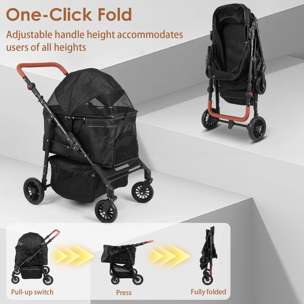 Pet Stroller Up To 33 Lbs Foldable Travel Jogger 4 Wheels Folding Adjustable Handle Reflective Strip for Jogging Running