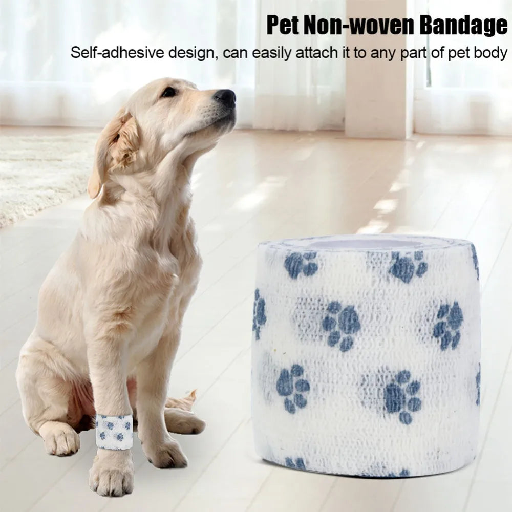 Elastic Fiber Pet Self-adhesive Bandage Non-woven Fabric Breathable Dog Paw Wrap Printed Paw Pattern Stretchable
