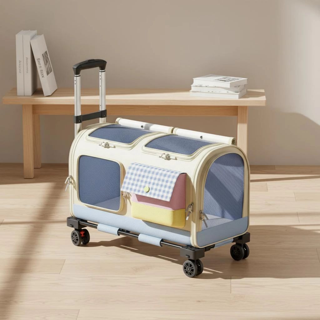 Feline Rolling Suitcase Telescopic Handle Pet Rolling Suitcase Multi-Feline Carrier Breathable Mesh Pet Carrier with Wheels