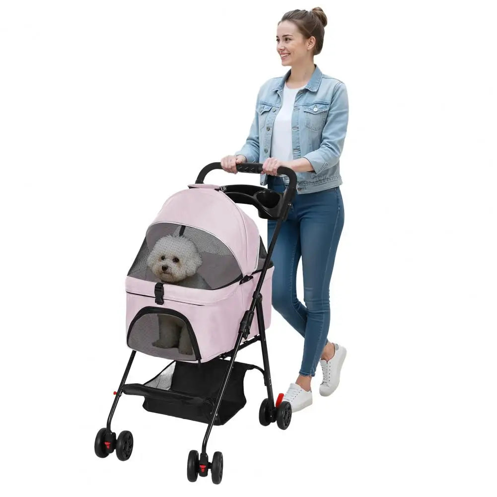 Foldable Pet Stroller, 4 Wheel Dog and Cat Stroller with Removable Carrier, Breathable Mesh Canopy, Storage Basket Cup Holder,