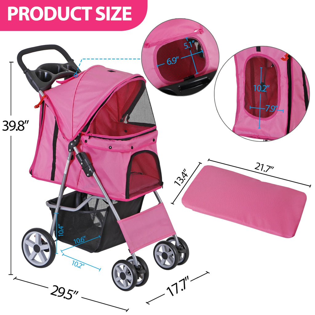 4-Wheel Foldable Pet Stroller with Storage Basket for Dogs & Cats - Lightweight Outdoor Travel Cart