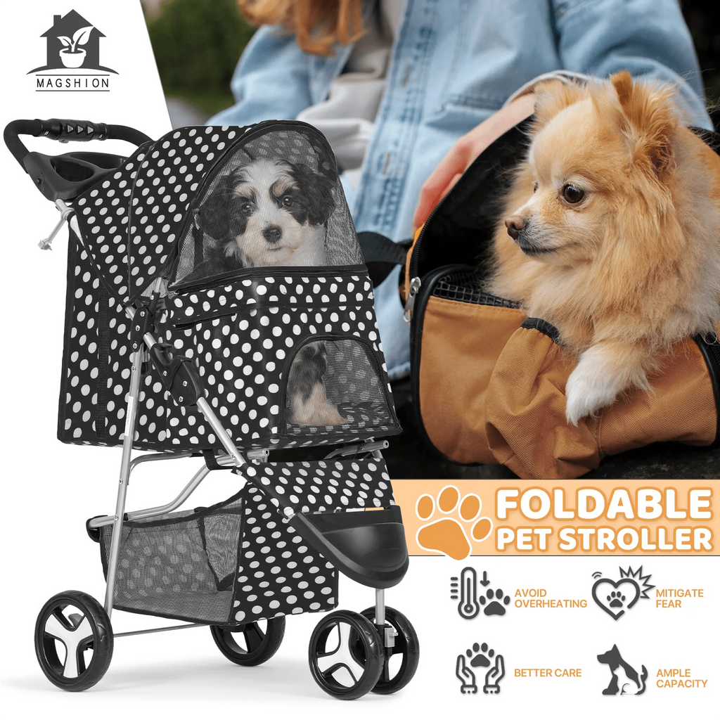 Magshion 3 Wheels Pet Dog Cat Stroller for Small Medium Dogs Cats, Foldable Jogger Stroller w/Storage Basket and Cup Holder