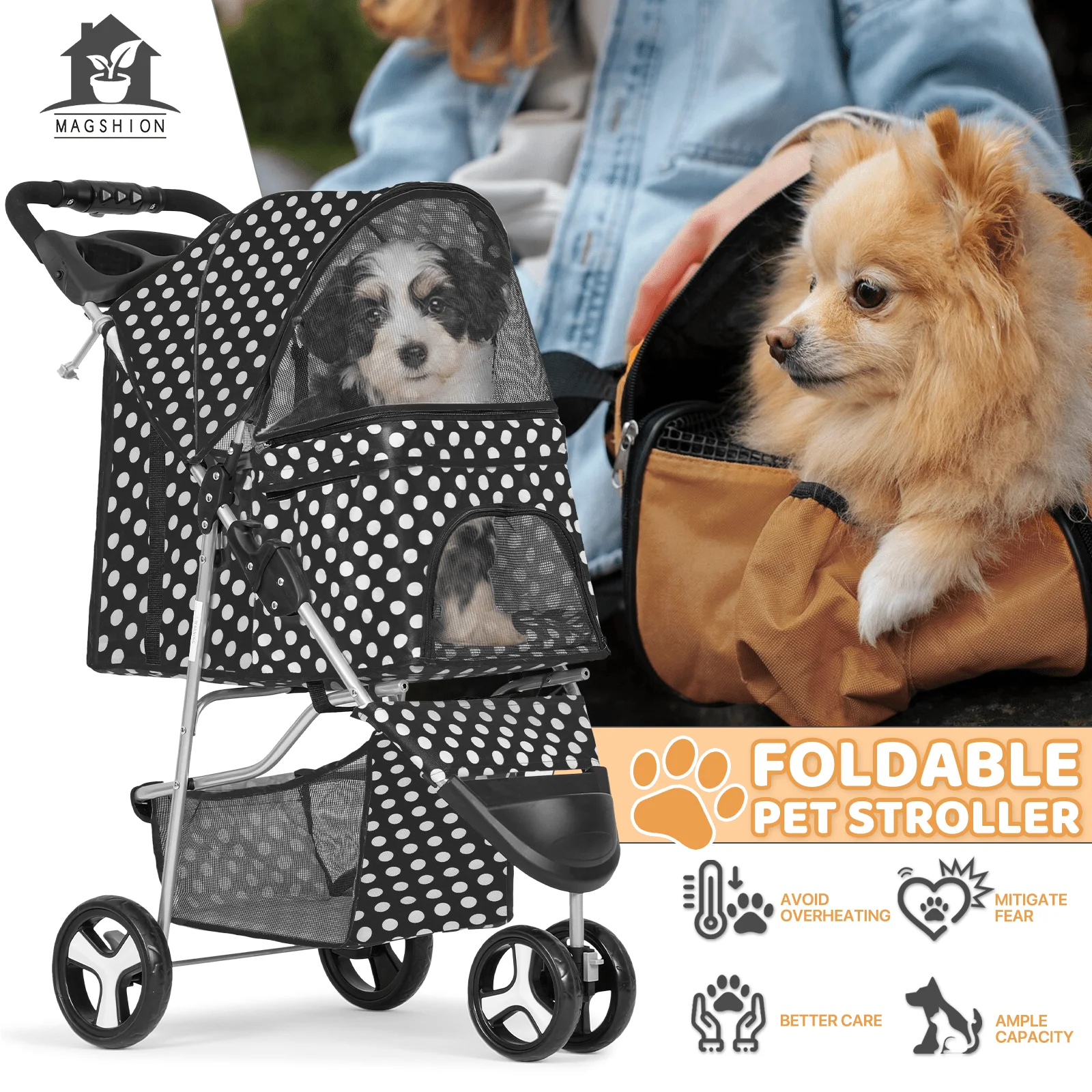 Magshion 3 Wheels Pet Dog Cat Stroller for Small Medium Dogs Cats, Foldable Jogger Stroller w/Storage Basket and Cup Holder