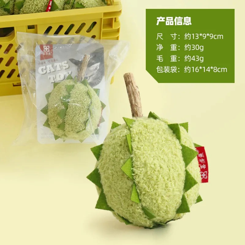 Plush Fruit Cat Chew Toy Set — Quiet Bite-Resistant Mangosteen & Durian Simulation Toys