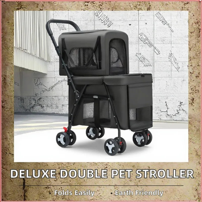 Luxury Double-Layer Eco-friendly ABS Material 4-Wheel Pet Stroller Small Large Dogs Cats Lightweight Travel Pet Carriers