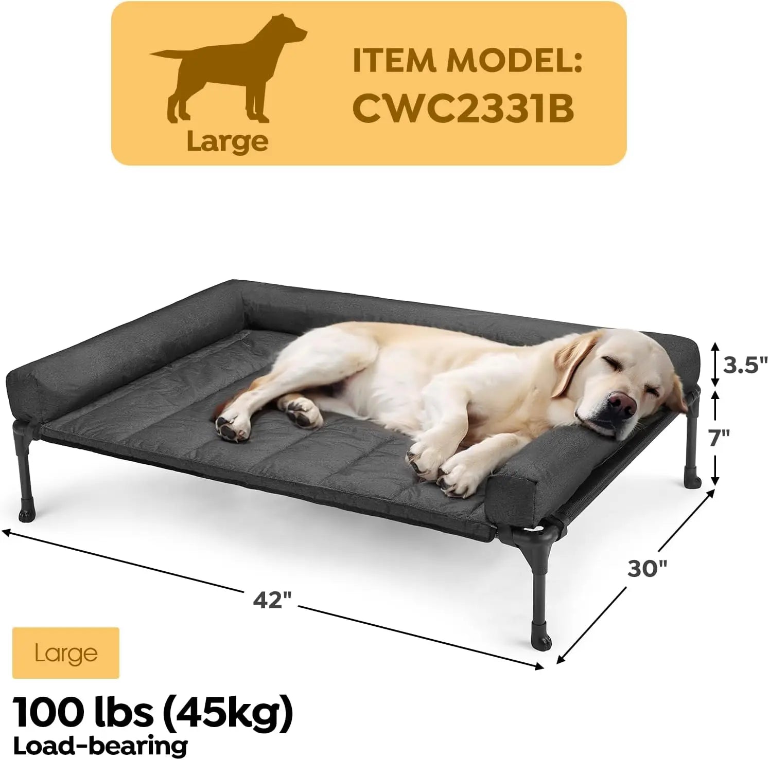 Cooling Elevated Dog Bed with Bolster Cushion (42x30in, Black)