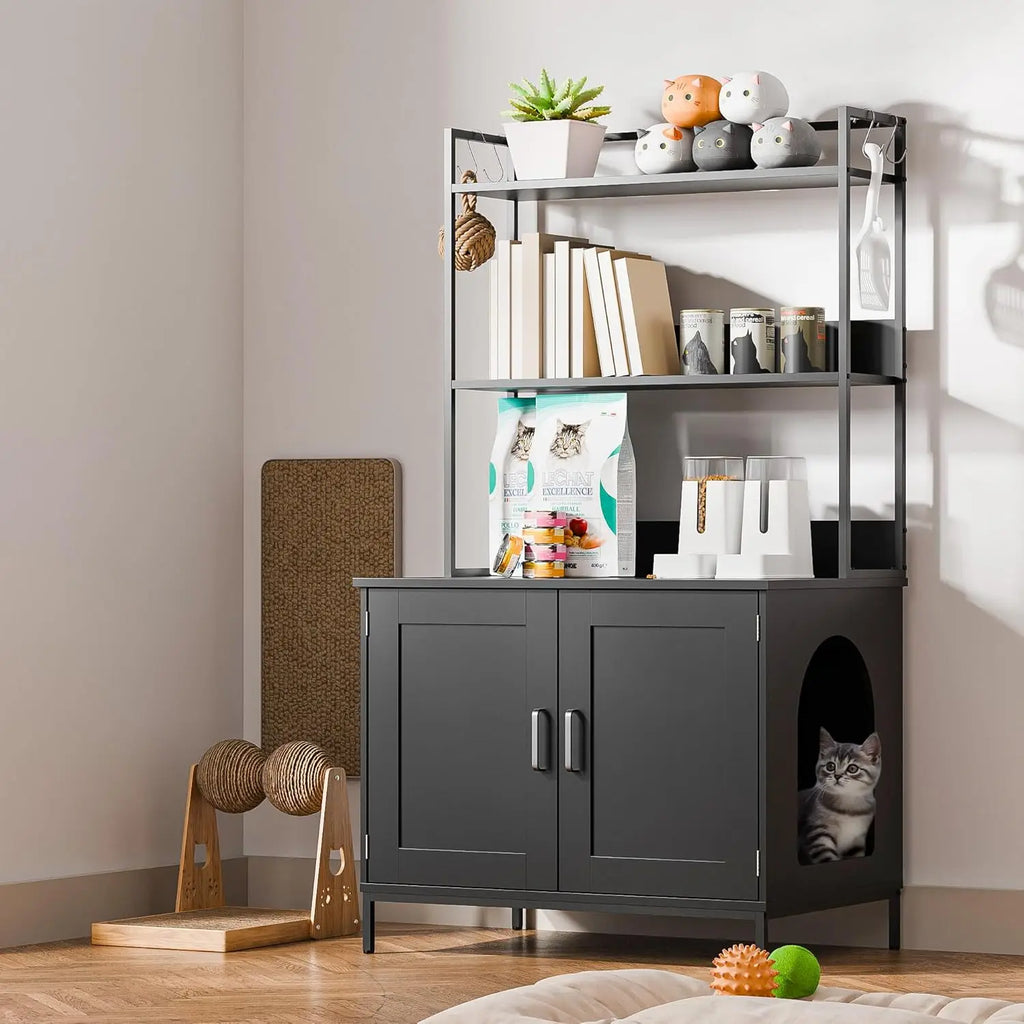 57in Wooden Cat Litter Box Enclosure with Shelves & Hooks (Black)
