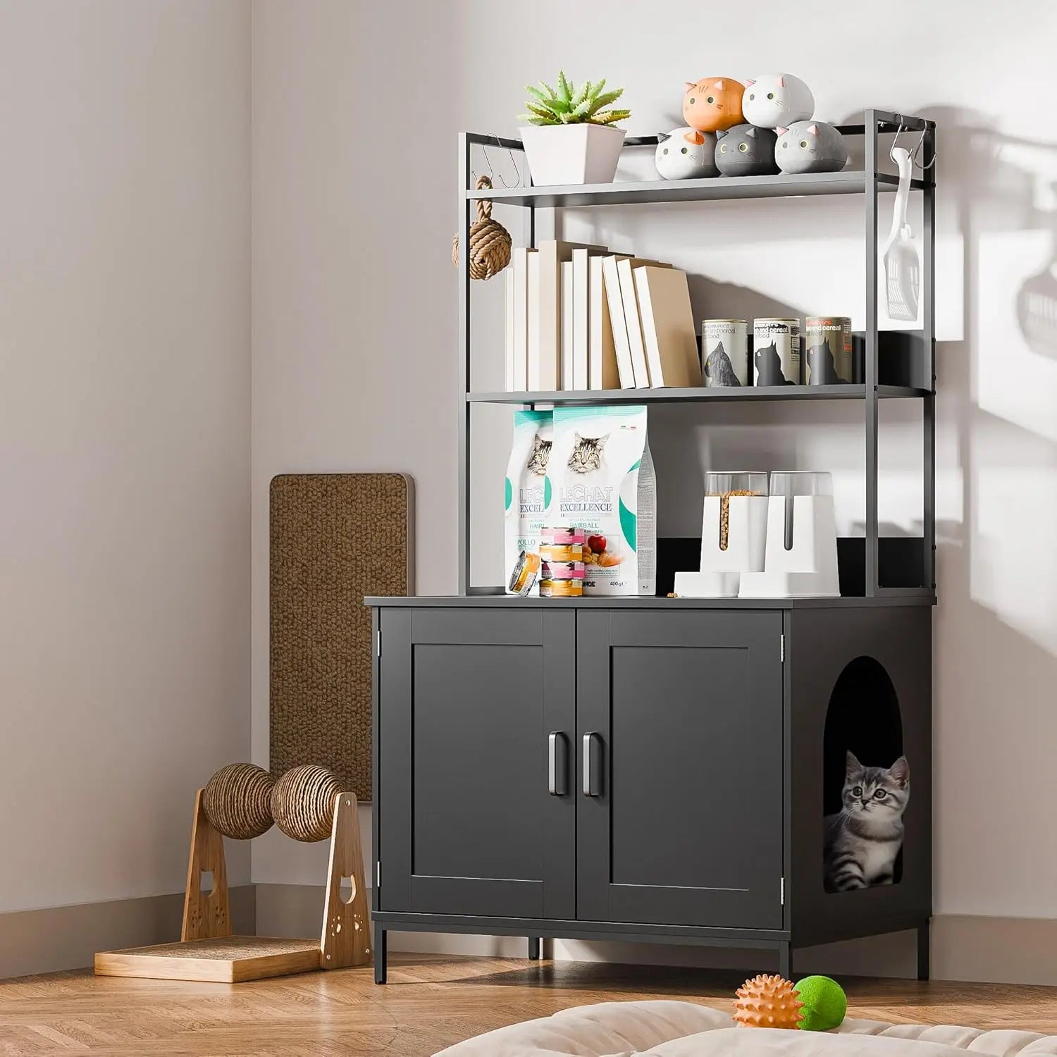57in Wooden Cat Litter Box Enclosure with Shelves & Hooks (Black)