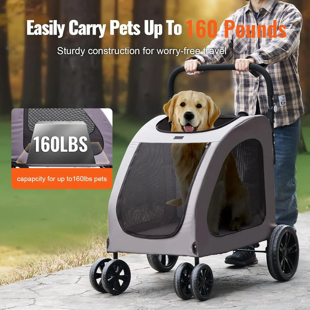 Pet Stroller, 4 Wheels Dog Carrier with Brakes, 160lbs Weight Capacity, Portable Puppy Travel Strollers with Breathable Mesh Win
