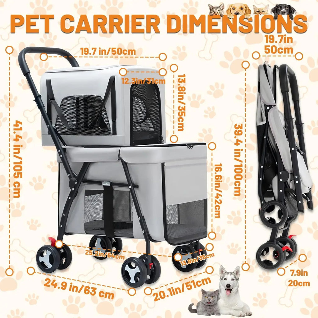 Quick-Folding Dog Stroller Carrier Double Pet Stroller for Dog Cats with Detachable Carriers Pet Travel Carrier Strolling Cart