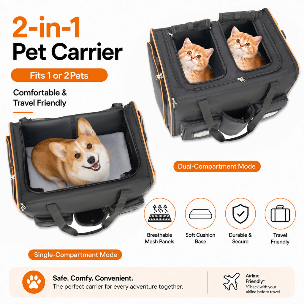 2 in 1 Large Cat Carrier for 2 Cats, Rolling Pet Carrier with Wheels, Expandable Foldable Double Pet Carrier with Removable Divider, Breathable Mesh Oxford, Cat Travel Crate for Car/Camping/Vet, Black