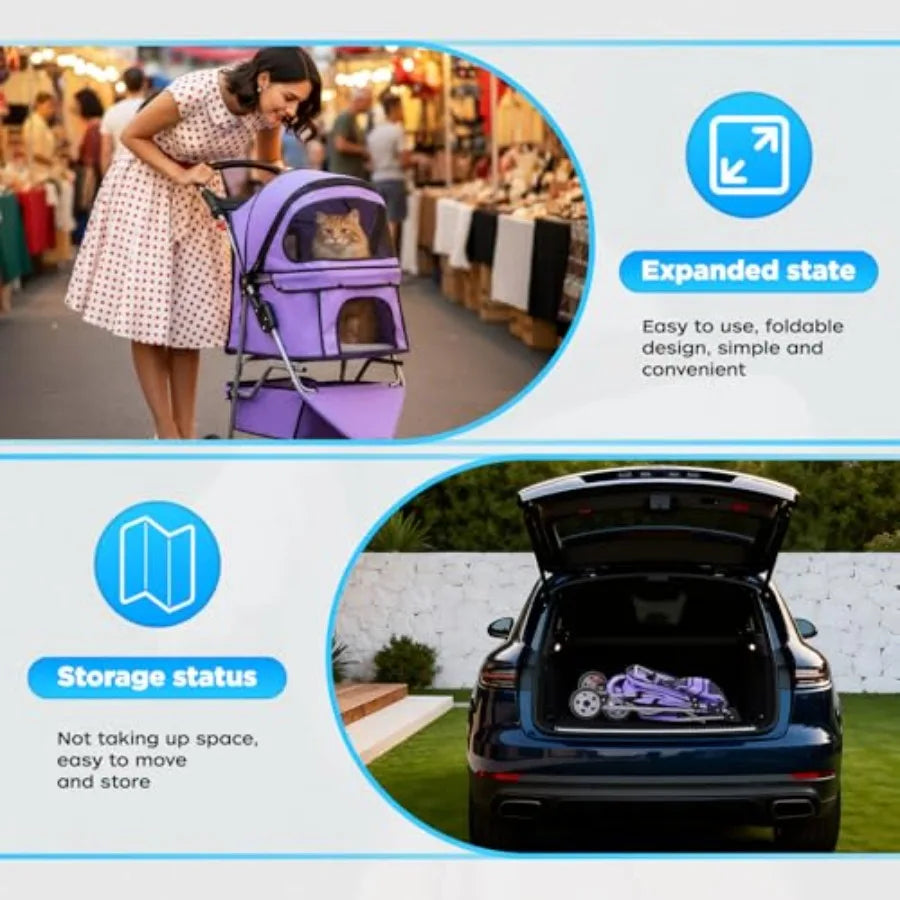 BestOffice 3-Wheel Foldable Pet Stroller with Cup Holder - Lightweight Travel Carrier for Small & Medium Dogs & Cats