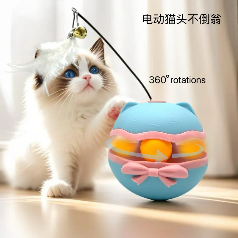 Electric Cat Roller Tumbler Toy with Feather Stick — Interactive Sports Teaser for Indoor Cats