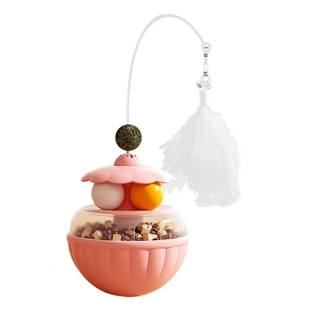 Long Rotating Feather Pole Cat Teaser with Bells & Catnip Treat Dispenser — Indoor Cat Exercise Toy