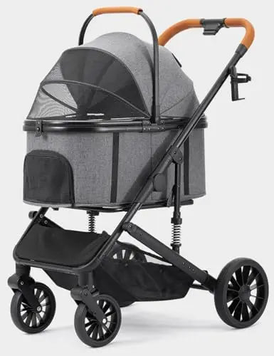 Travel for Small and Medium Dogs and Cats, 4 Wheels, Folding, Detachable Carrier, Breathable, Grey