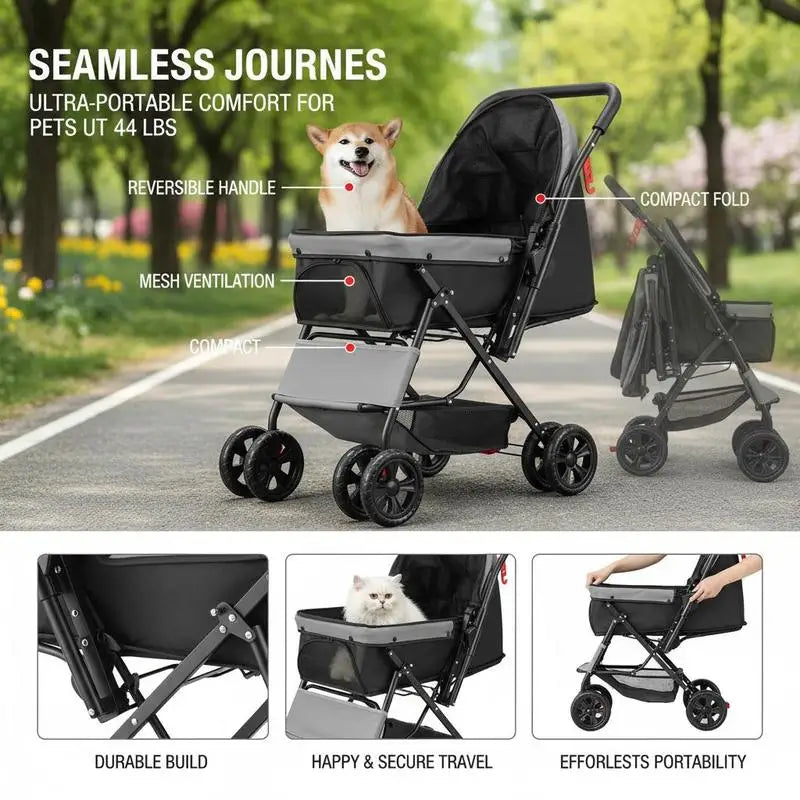 Pet Travel Carriage 44 lbs Capacity For Parks Shopping Trips Outdoor Walking, Foldable 4 Wheels Mesh Windows Reversible Handle, Portable Carrier Brake Mechanism Small Medium Pets