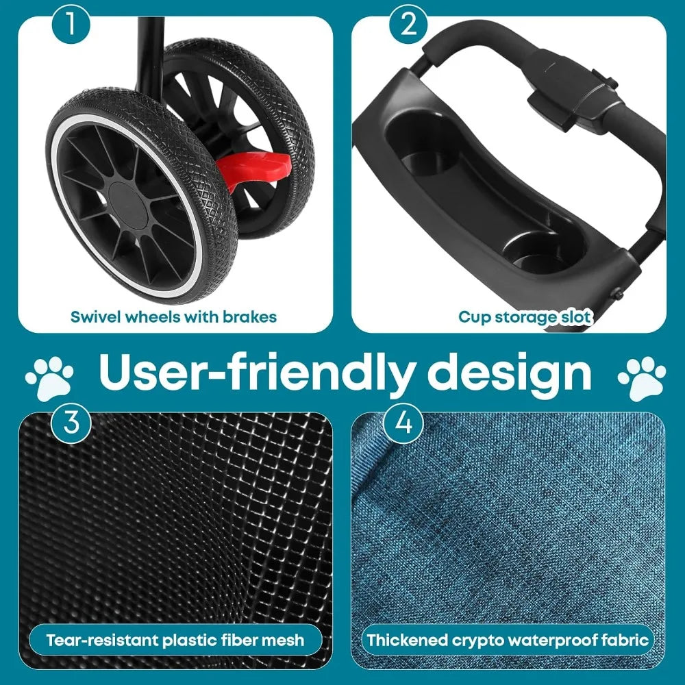 3-Wheel Pet Stroller for Small to Medium Dogs & Cats, Foldable with Mesh Canopy & Cup Holders, Easy Assembly