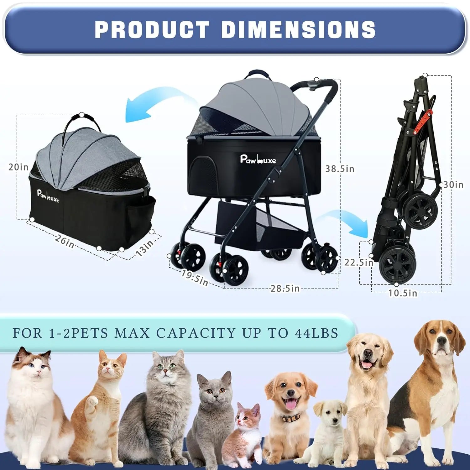 4 Wheels Pet Stroller 4 in 1 Pet Stroller with Detachable Carrier for Small & Medium Dogs Cats up to 55 lbs Easy-Folding Travel