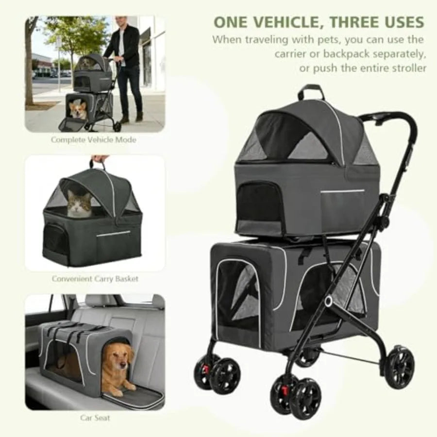Double Dog Stroller with Detachable Carriers, Foldable 4-Wheel Pet Stroller for Small Medium Dogs Cats Rabbits, 2-Tier Travel C