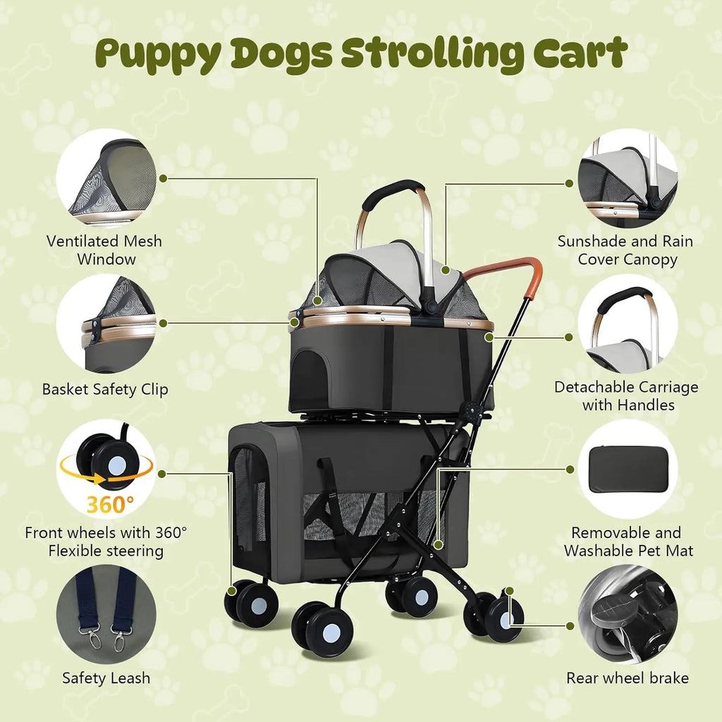 Double Pet Stroller for 2 Dogs & Cats - Foldable Travel Carriage with Detachable Carriers, Safety Belts & 4 Lockable Wheels
