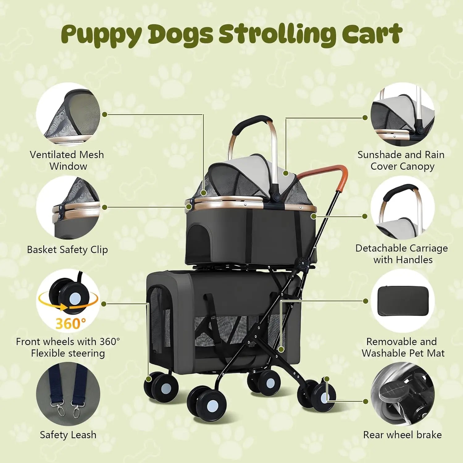 Double Pet Stroller for 2 Dogs & Cats - Foldable Travel Carriage with Detachable Carriers, Safety Belts & 4 Lockable Wheels