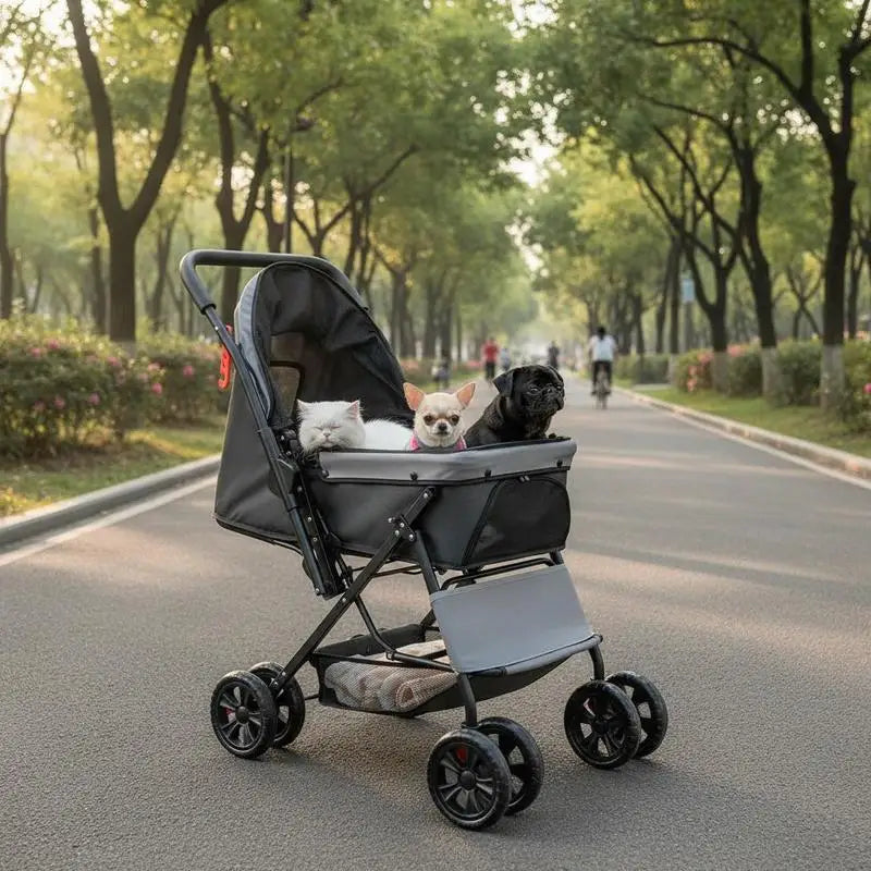 Pet Travel Carriage 44 lbs Capacity For Parks Shopping Trips Outdoor Walking, Foldable 4 Wheels Mesh Windows Reversible Handle, Portable Carrier Brake Mechanism Small Medium Pets