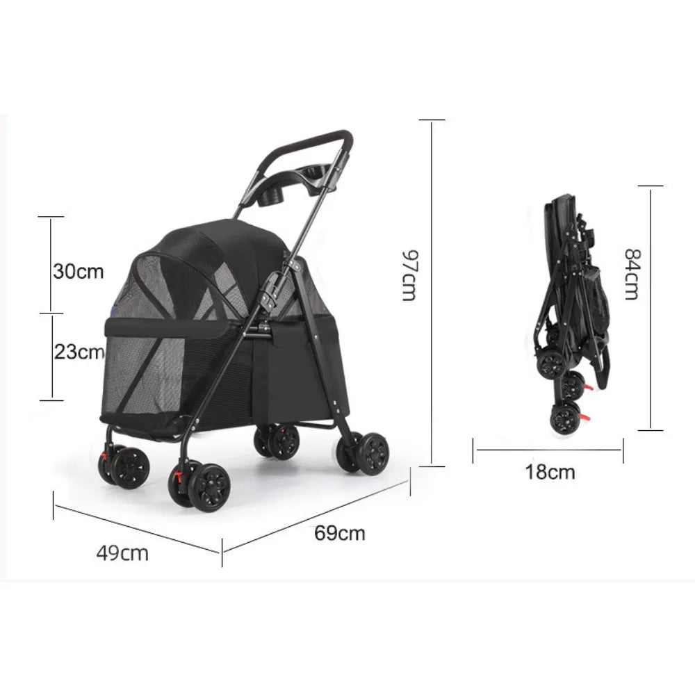 Foldable Pet Stroller for Dogs Cats 4 Wheels Breathable Mesh Dog Carrier with Cup Holder Lightweight Travel Puppy Pushchair