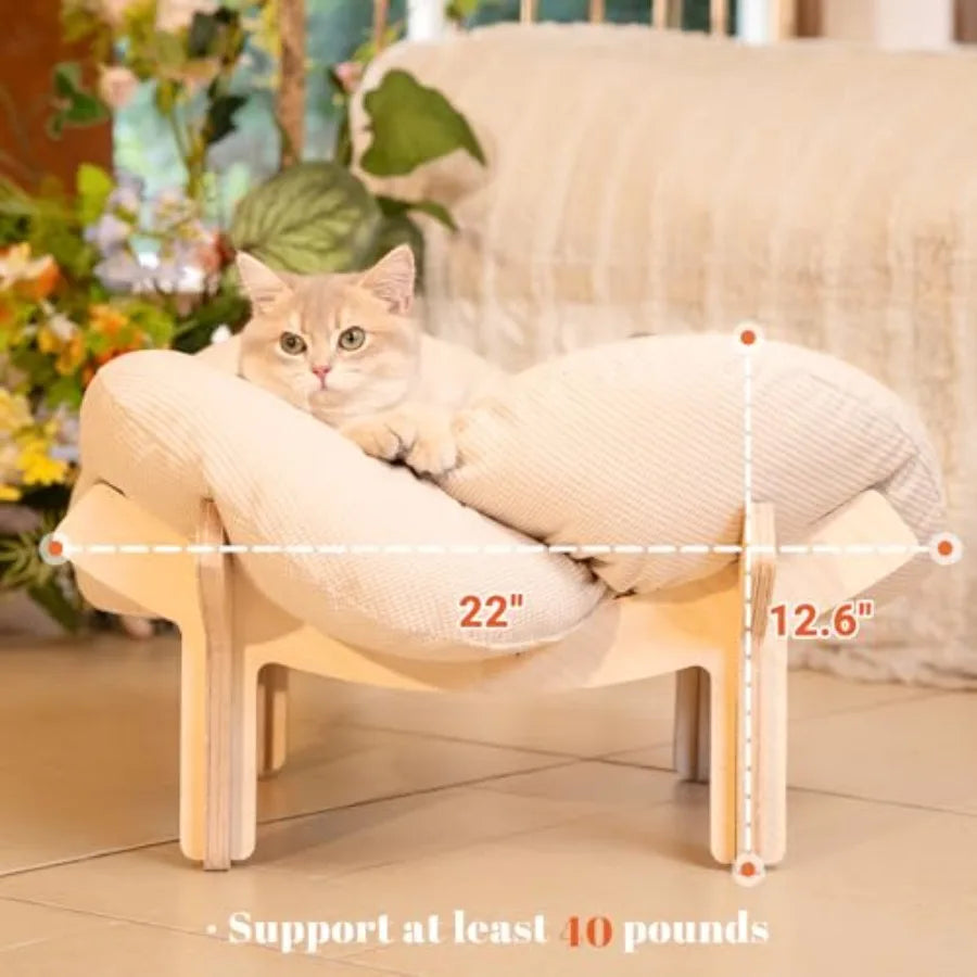 Elevated Wooden Cat Bed with Cushion for Indoor Cats & Small Dogs