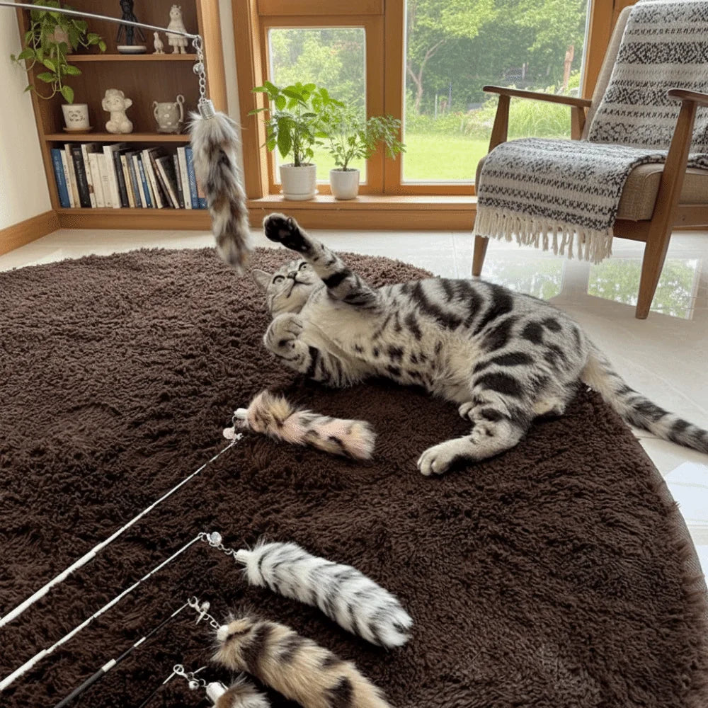 Extra-Long Telescopic Cat Teaser Wand with Faux Tail — Flexible Interactive Indoor Feather Rod