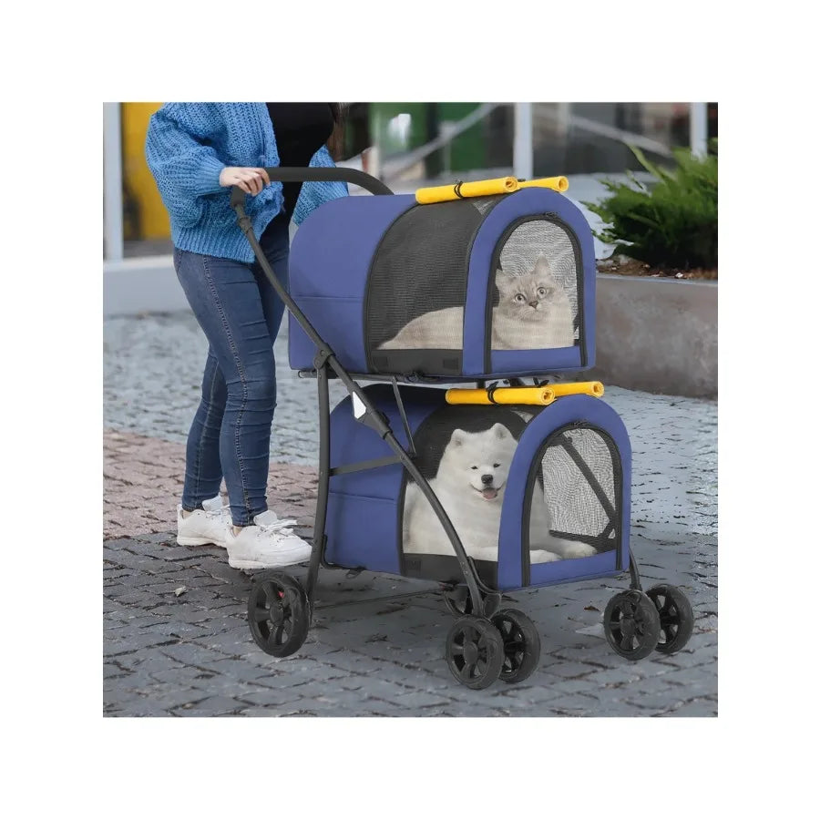 【New style】MoNiBloom Double Dog Stroller With Detachable Carrier Bags Large 4 Wheels Foldable Jogger For Rabbit Bunny Dogs Cats