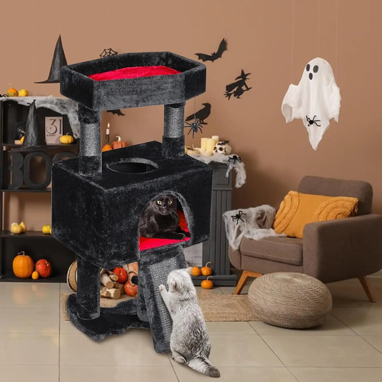 Gothic Cat Tree Tower with Coffin Bed (33.6in, Black & Red)